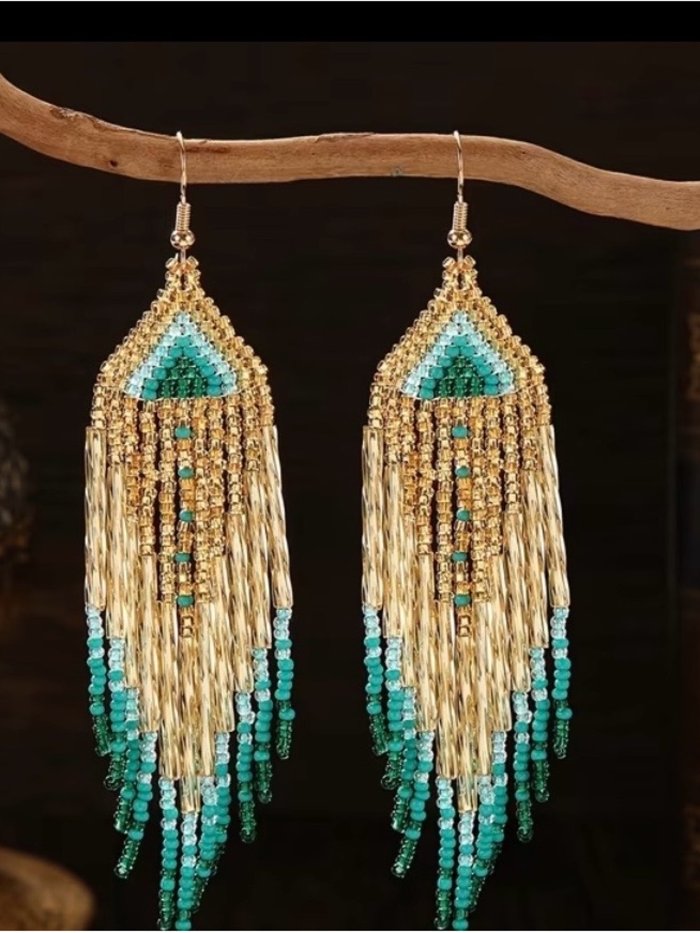 Gold and Teal Beaded Fringe Earrings - Women's Jewelry